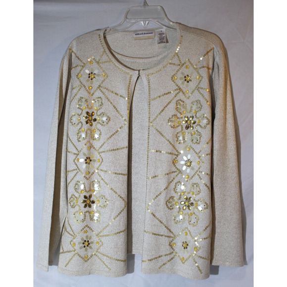 Alfred Dunner 2 in 1 Sweater Beige Gold Sequins Beaded Open Front Women's 1X - Picture 8 of 11